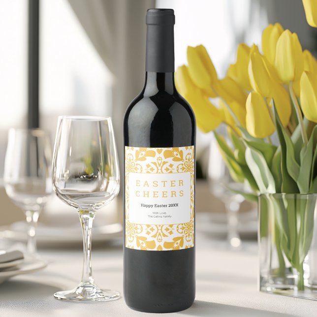 Happy Oaster Yellow Floral Pattern Elegant Moderne Weinetikett (Happy Easter Yellow Floral Pattern Elegant Modern Wine Label)