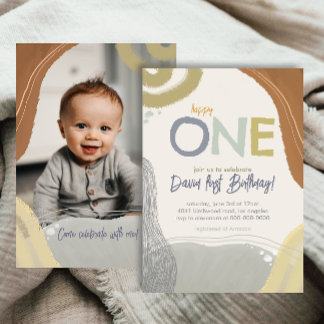 Happy One First Birthday Photo boy Invitation Einladung