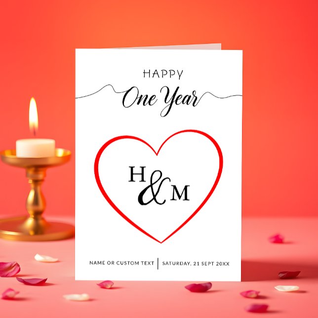 Happy One Year Elegante Monogram Heart Anniversary Karte (Von Creator hochgeladen)
