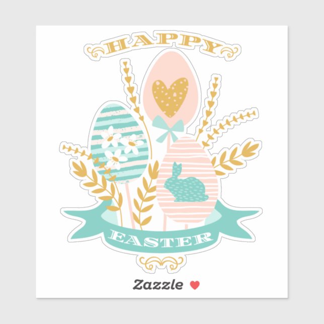 Happy Osteranordnung Blume und Osterhase Aufkleber (Blatt)
