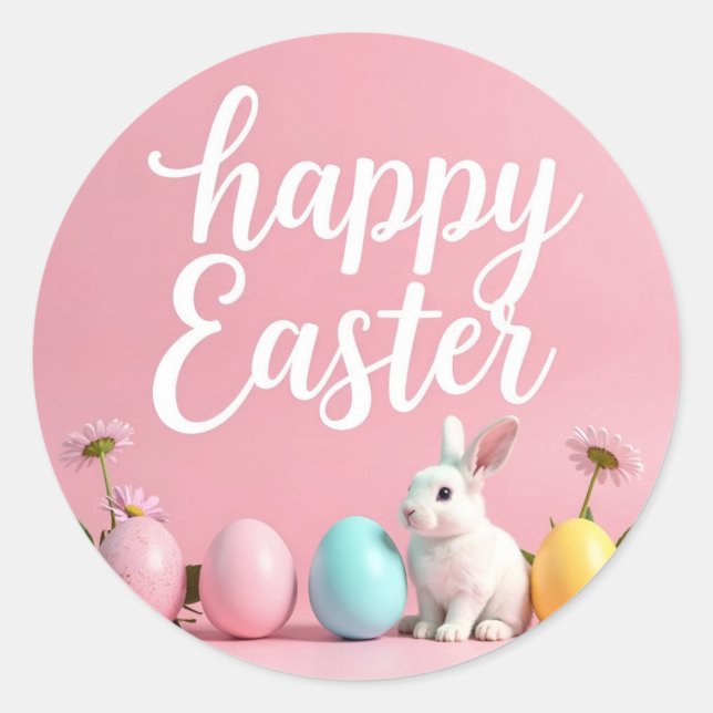 Happy Osteraufkleber mit Eiern und Hasen Runder Aufkleber (Vorderseite)