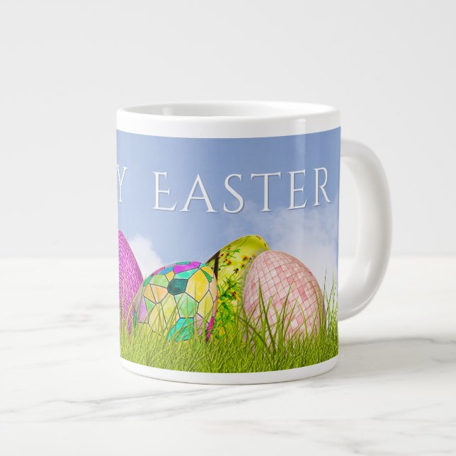 Happy Osterdekorierte Eier Fotografie Blue Sky Jumbo-Tasse (Vorderseite Rechts)