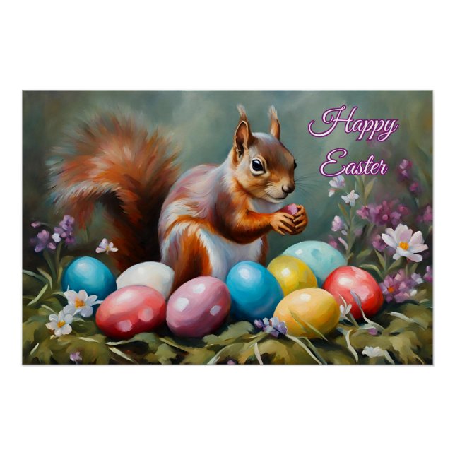 Happy Ostereichhörnchen mit Ostereiern, Blume Poster (Vorderseite)