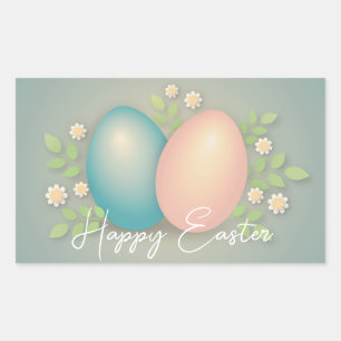 Happy Ostereier und Frühlingsblumen weich blau Rechteckiger Aufkleber