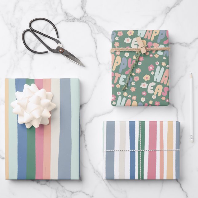 Happy Osterfarben Moderne Streifen Pink Blau Geschenkpapier Set (Vorderseite)