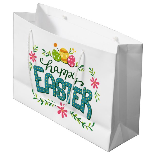 Happy Osterfarbene Ostereier Große Geschenktasche Große Geschenktüte (Vorderseite Schrägansicht)