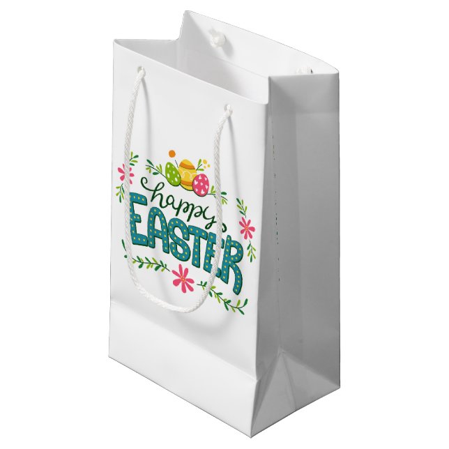 Happy Osterfarbene Ostereier Kleine Geschenktasche Geschenktüte (Vorderseite Schrägansicht)