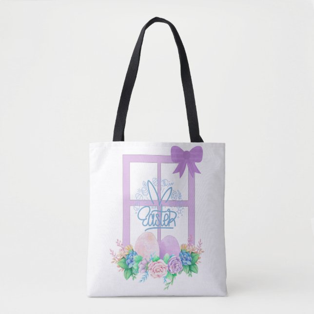 Happy Osterfenster mit Blume und Eier Tote Beutel Tasche (Vorderseite)