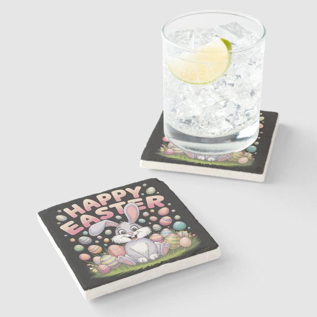 Happy Osterfest 2025 Eier Bunny Niedlich Rabbit Steinuntersetzer (Seitenansicht)