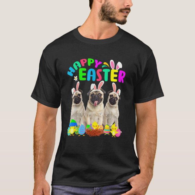 Happy Osterfest Drei Mops Mops Sonniges Ohr T-Shirt (Vorderseite)