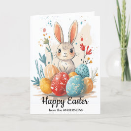 Happy Osterfest und niedlich Bunny Eier und Blume Feiertagskarte