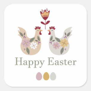 Happy Osterfest Vorlagen mit Eiern, Blume, Huhn Quadratischer Aufkleber