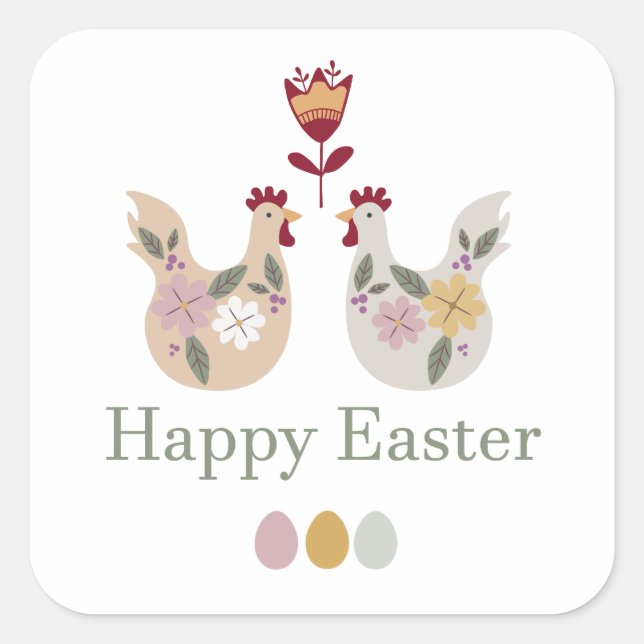 Happy Osterfest Vorlagen mit Eiern, Blume, Huhn Quadratischer Aufkleber (Vorderseite)