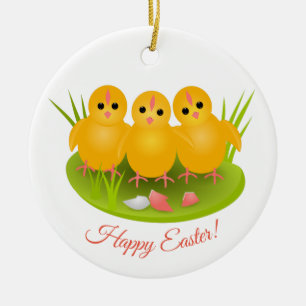 Happy Ostergelbe Küken auf grünem Gras Keramik Ornament