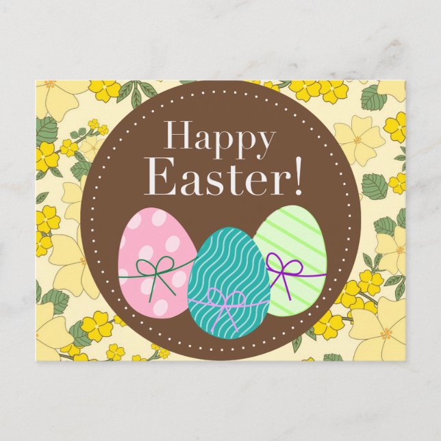 Happy Ostergelbe Vintage florale Postkarte (Vorderseite)