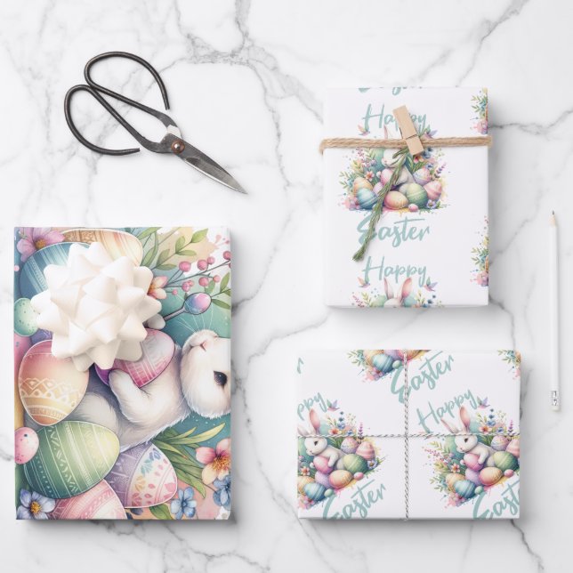 Happy Osterpastel Ostern Bunny Egg Aquarell Geschenkpapier Set (Vorderseite)