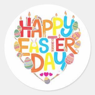 Happy Ostertag 2025 Funny Heart Bunny Eggs Runder Aufkleber