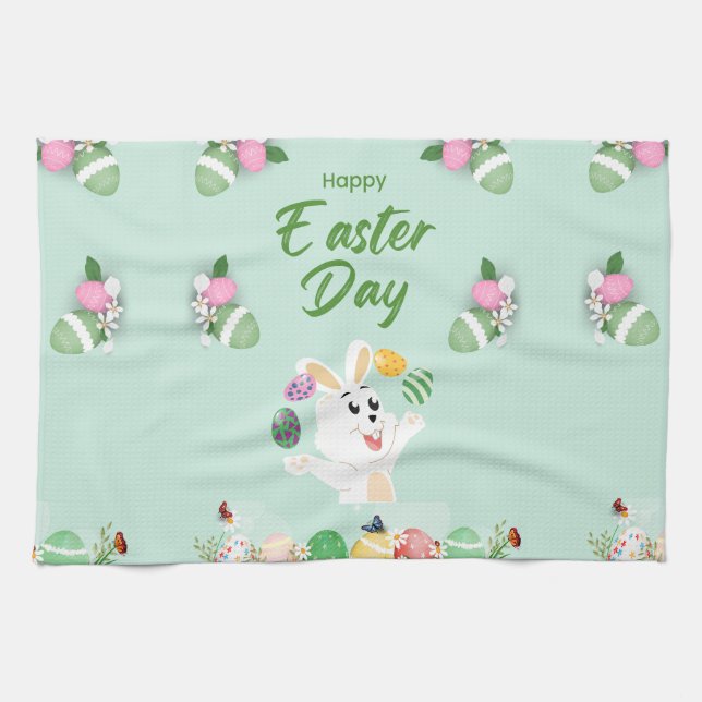 Happy Ostertag - Funny Bunny und Eggs Oster Geschirrtuch (Horizontal)