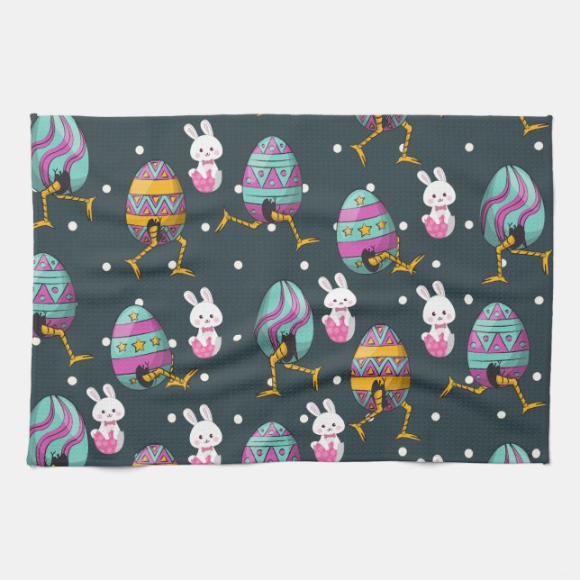 Happy Ostertag - Funny Bunny Wakes Pattern Geschirrtuch (Horizontal)