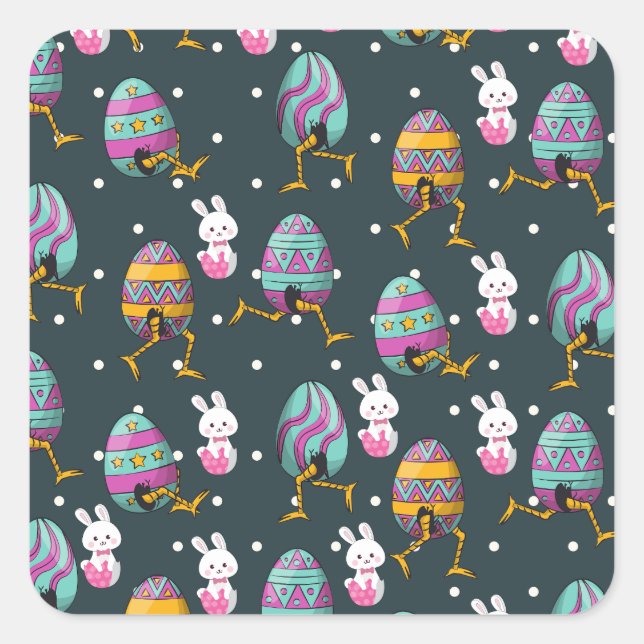 Happy Ostertag - Funny Bunny Wakes Pattern Quadratischer Aufkleber (Vorderseite)