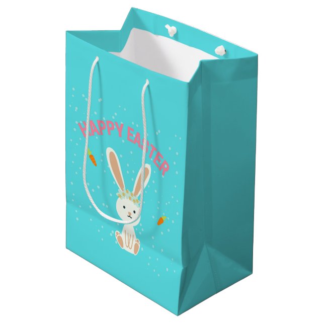 Happy Osterweißer Hase auf blau Mittlere Geschenktüte (Vorderseite Schrägansicht)
