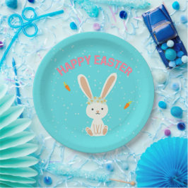 Happy Osterweißer Hase auf blau Pappteller