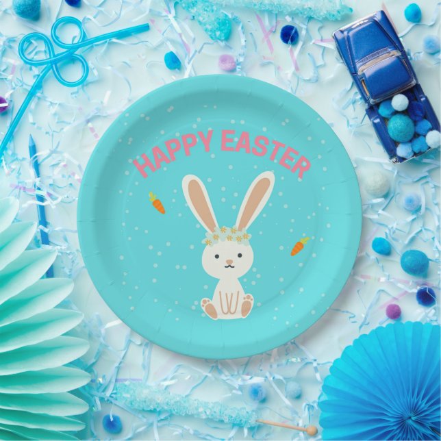 Happy Osterweißer Hase auf blau Pappteller (Party)