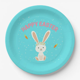 Happy Osterweißer Hase auf blau Pappteller