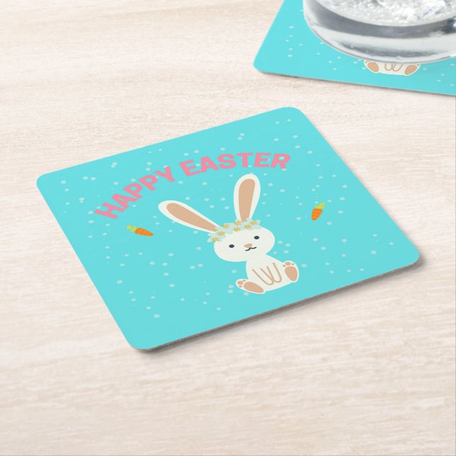 Happy Osterweißer Hase auf blau Rechteckiger Pappuntersetzer (angewinkelt)