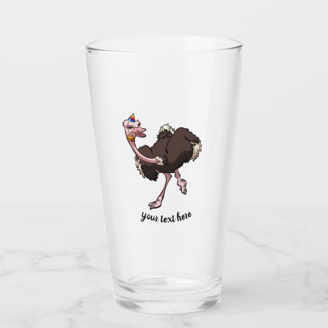 Happy Ostrich tanzen in Party Hat Cartoon Glas (Vorderseite)