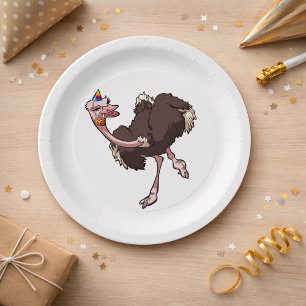 Happy Ostrich tanzen in Party Hat Cartoon Pappteller
