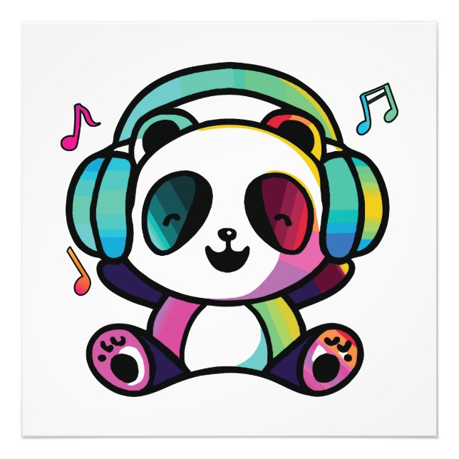 Happy Panda mit Kopfhörern, die Musik hören. Fotodruck (Vorne)