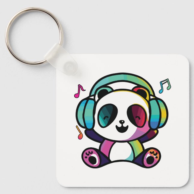 Happy Panda mit Kopfhörern, die Musik hören. Schlüsselanhänger (Vorderseite)