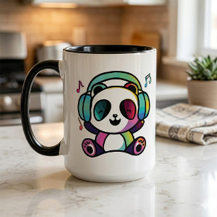 Happy Panda mit Kopfhörern, die Musik hören. Tasse
