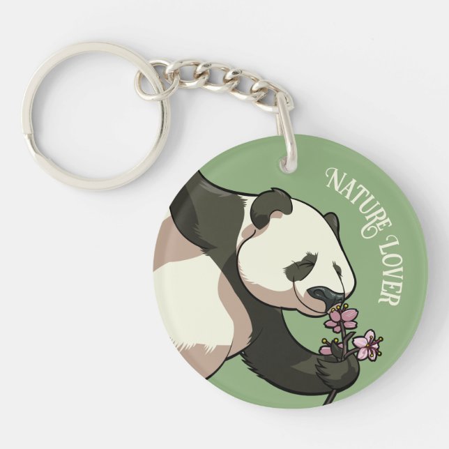 Happy Panda riecht Blossom Natur Lover Cartoon Schlüsselanhänger (Vorderseite)