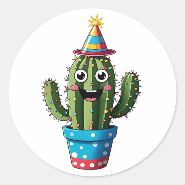 Happy Party Cactus - Niedlicher festlicher Cartoon Runder Aufkleber (Vorderseite)