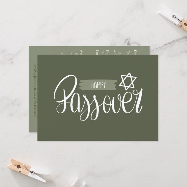 Happy Passover | Seder Pesach Solid Green Einladung (Vorderseite/Rückseite Beispiel)