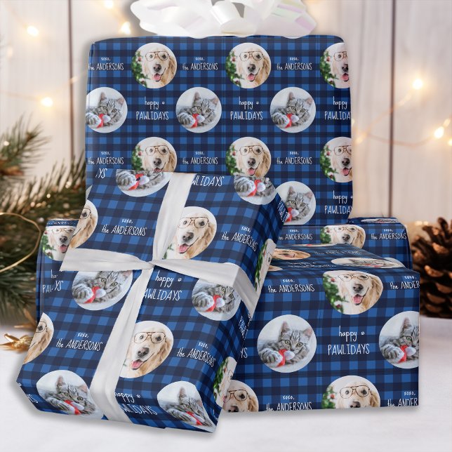 Happy Pawlidays Blue Holiday Kariert Cat Dog Foto Geschenkpapier (Von Creator hochgeladen)