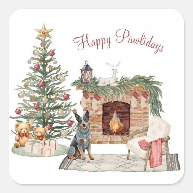 Happy Pawlidays Dog Design - Australischer Rinderh Quadratischer Aufkleber (Vorderseite)