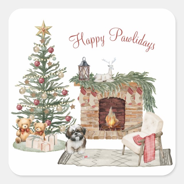 Happy Pawlidays Dog Design - Shih Tzu Quadratischer Aufkleber (Vorderseite)