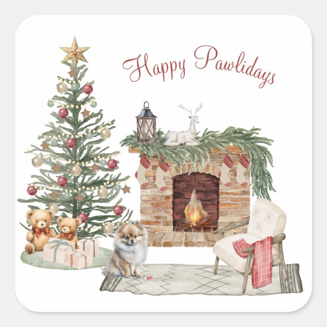 Happy Pawlidays Dog Design - Spitz Quadratischer Aufkleber (Vorderseite)