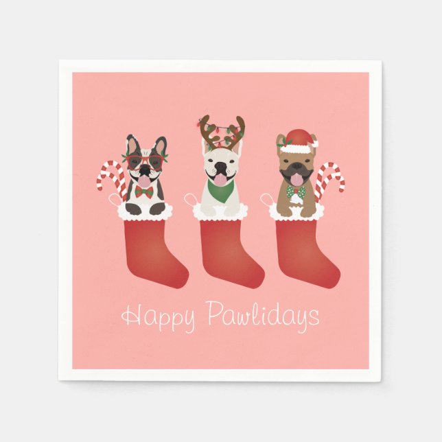 Happy Pawlidays French Bulldogs Christmas Strumpf Serviette (Vorderseite)
