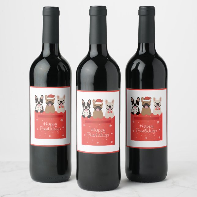 Happy Pawlidays French Bulldogs Weinetikett (Flaschen)