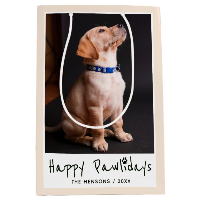 Happy Pawlidays Funny Pun Pet Foto Mittlere Geschenktüte (Vorderseite)