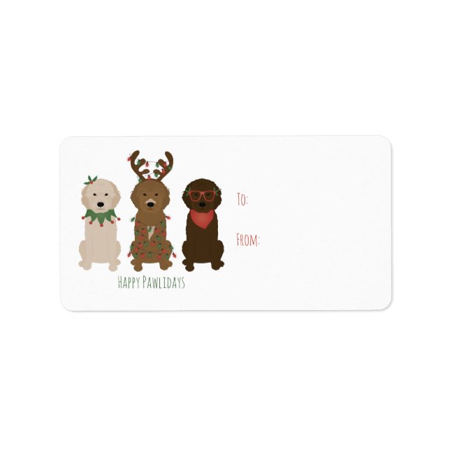 Happy Pawlidays Goldendoodle Weihnachtslicht Adressaufkleber (Vorne)