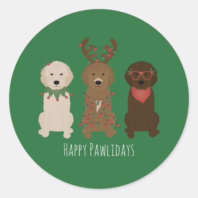 Happy Pawlidays Goldendoodle Weihnachtslicht Runder Aufkleber (Vorderseite)