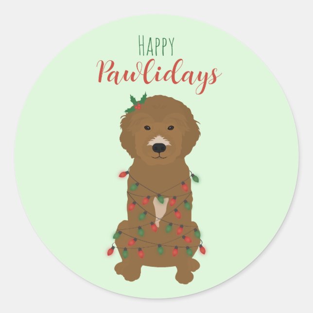 Happy Pawlidays Goldendoodle Weihnachtslicht Runder Aufkleber (Vorderseite)