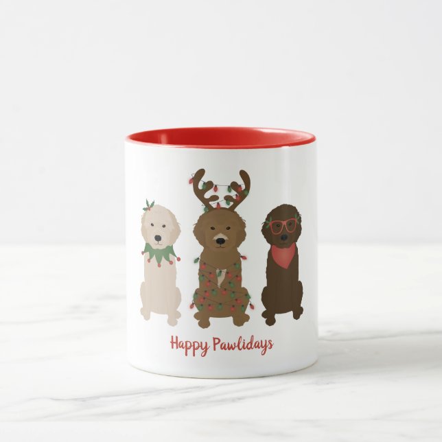 Happy Pawlidays Goldendoodle Weihnachtslicht Tasse (Zentrum)