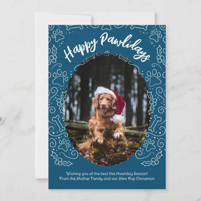 Happy Pawlidays Hund Weihnachtskarte Schwarz Blau Einladung (Vorderseite)