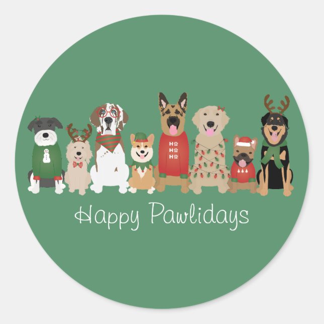 Happy Pawlidays Hunde Red Green Runder Aufkleber (Vorderseite)